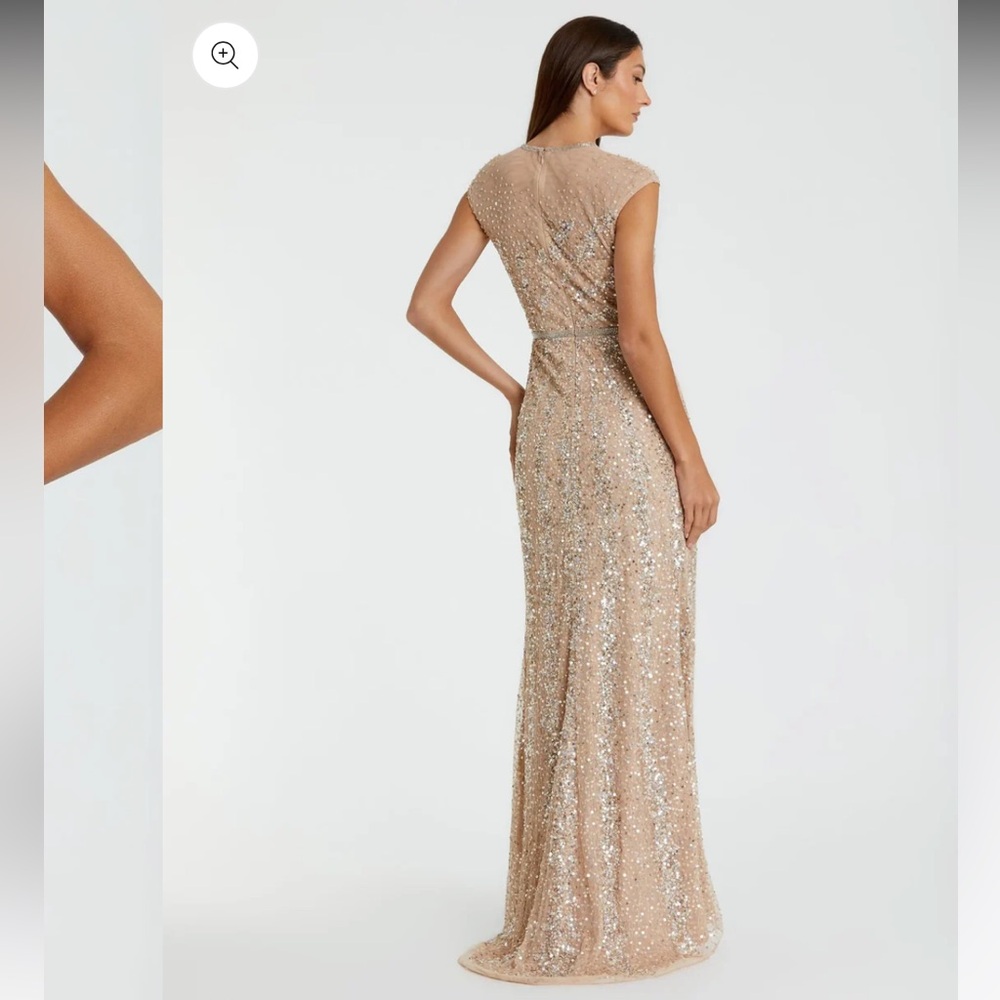 MAC DUGGAL Beige Embellished Illusion High Neck Cap Sleeve Gown - Picture 3 of 7